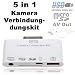5 in 1 Anschlu� Set f�r Apple iPad / ipad 2 / iPhone 4 (eingeschr�nkt) / Ipod Touch (eingeschr�nkt) mit Audio & Video Ausgang (AV-Out Composite) USB 2.0 & mini USB Port, SD und Micro SD Karten Slot inklusive Kabel f�r Audio & Video �bertragung und Micro USB Kabel (*Audio- & Video�bertragung funktioniert auch bei iPod, iPod Touch und iPhone) inkl. Original Mainbay-Set (Notfallbumper�)
