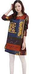 Long Sleeves Shift Vintage Cotton/Linen General Print  Dress