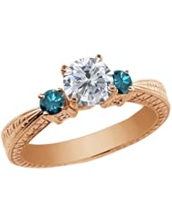 1.24 Ct Round H/I and Blue Diamond 925 Rose Gold Plated Silver 3-Stone Ring