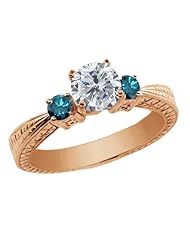 1.24 Ct Round H/I and Blue Diamond 925 Rose Gold Plated Silver 3-Stone Ring