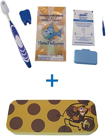 Yellow and Brown, Eco-friendly Case, with Monkey Character and Orthodontic Kit. - Flossfish