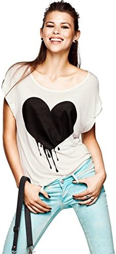 Focabiu Cooton Women Short Sleeve Tees Love Heart Print T Shirts Small White