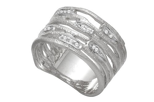 14K White Gold Hand-Crafted Matte-Finish Designer Ring, Enhanced with Diamonds.