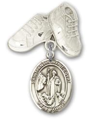 Sterling Silver Baby Badge with St. Anthony of Egypt Charm and Baby Boots Pin
