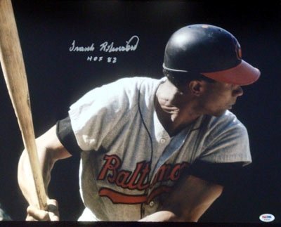 Frank Robinson Autographed/Hand Signed 16x20 Photo HOF 82 Grey Jersey PSA/DNA