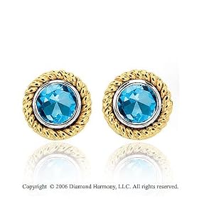 14k Two Tone Gold Rope Bezel Stud Blue Topaz Earrings