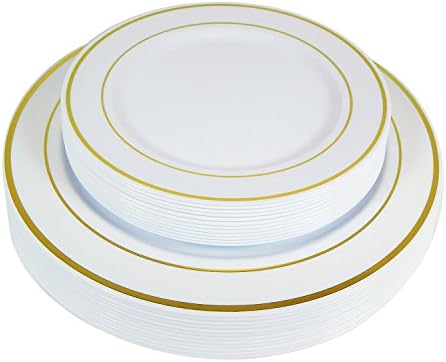 Fancy Plastic Plates - Set of 12 Dinner Plates (10 inches) and 12 Salad/Dessert Plates (7.38 inches) - White with Gold Trim - Disposable (12, Gold Trim)