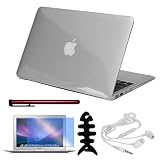 Premium Skque Clear Hard Plastic Crystal Case + 13.3 Inch Series LCD Screen Protector + Red Stylus Pen + Fisn Bone Holder + White Headset Earphone for Apple MacBook Air 13.3