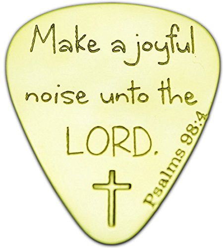 Unique & Custom [0.38mm Thin Gauge - Traditional Style Semi Tip] Hard Luxury Guitar Pick Made of Genuine Solid Brass w/ Make A Joyful Noise Unto the Lord Design “Gold Yellow Colored” {Single Pick}