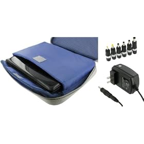 PCMS 2n1 Combo - Toshiba Mini NB205-N330PK 10.1-Inch Netbook Carrying Bag with AC Adapter Wall Charger - Pinn Series Silver / Blue