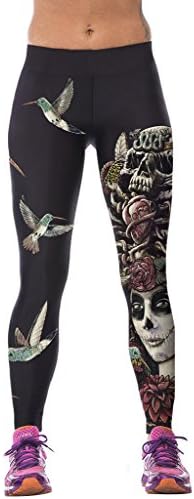 Womens 3d Digital Printed Bird Skull Workout Capri Leggings Stretch Tights
