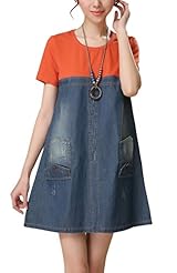 General Print Above the Knee Summer Short Sleeves Denim  Dress