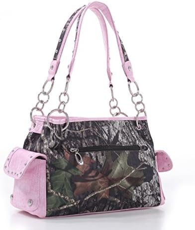 Studded Camouflage Shoulder Bag w/ Rhinestone Cross Color: Camouflage/Pink Trim