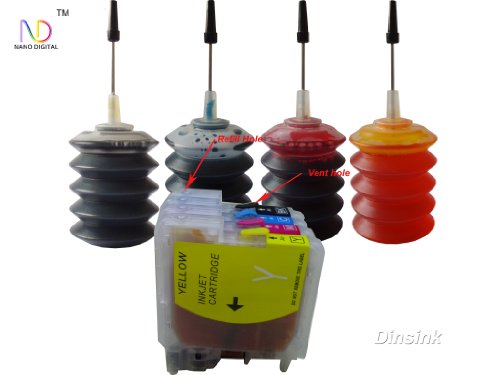 ND Brand Dinsink Refillable Ink Cartridge for Brother LC75/LC79 Ink Cartridges: MFC-J625DW MFC-J6510DW MFC-J6710DW MFC-J825DW MFC-J835DW+ 4X30ML ND Brand Bulk Refill Ink Specially Formulated for Brother - Cyan, Yellow, Magenta, and Black Color