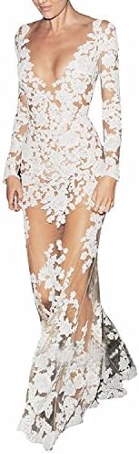 Haipat White Long Sleeve Deep V-Neck Floral Lace Mesh Sexy Night Ball Gown Maxi Dress (L)