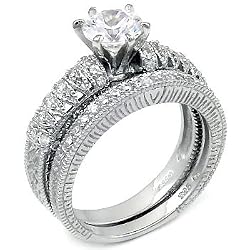 Sterling Silver Cubic Zirconia CZ Wedding Engagement Ring Set Sz 7