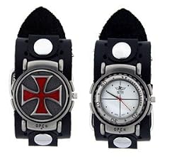 Flip Top Steel Cross Red Trendy Design Round Steel White Case Punk Rocker Biker Black Wide Leather Band Wrist Watch