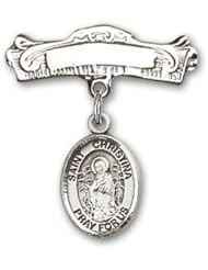 Sterling Silver Baby Badge with St. Christina the Astonishing Charm and Arched Polished Badge Pin