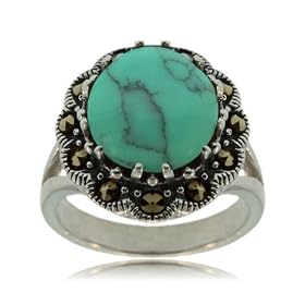 Sterling Silver Cocktail Ring W Turquoise & Marcasite