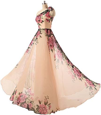 Mic Dresses Women's One Shoulder A-line Long Chiffon Print Prom Dress (US 26W, Champagne)