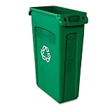 Rubbermaid Commercial Products - Rubbermaid Commercial - Slim Jim Recycling Container w/Venting Channels, Plastic, 23 gal, Green - Sold As 1 Each - Venting channels take strain out of liner removal. - Space-saving profile fits in many locations. - Includes four patent-pending can liner cinches to improve productivity. - Molded-in handles and base grips make lifting and emptying easier. -