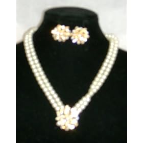 Two Strand Ivory Cultured Pearl Short Chain Necklace and Diamel Crystals on Gold Locket and...