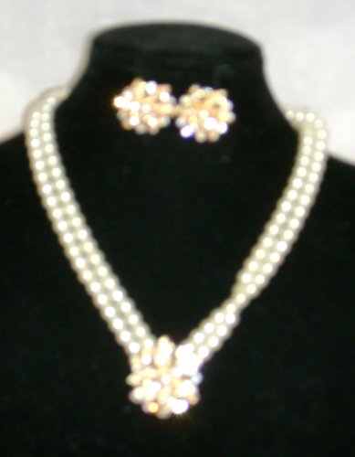 Click here to buy Two Strand Ivory Cultured Pearl Short Chain Necklace and Diamel Crystals on Gold Locket and....