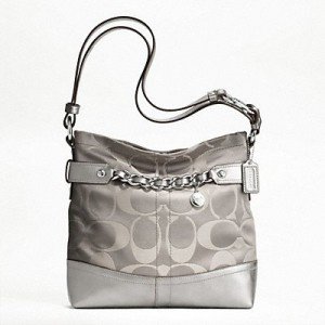 Coach 24CM Signature Grey Sateen Chain Duffle Hobo Handbag 18862 Graphite Platinum