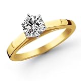 18k Yellow Gold 3/4 Carat Round Cut Cathedral Solitaire Diamond Ring (G-H ; SI1-2)