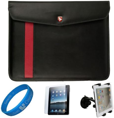 Black Executive Diplomat Leatherware Envelope Carrying Case for Apple iPad 4 / New iPad 3rd Gen / iPad 1 and 2 (16GB 32GB 64GB) compatible with iPad 2 + Clear Anti Gloss Screen Protector + Universal Vehicle Winshield Mount + SumacLife Wisdom Courage Wristband