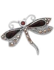 .925 Sterling Silver Made by Hand Marcasite Dragonfly Pin with Black Onyx and Garnet