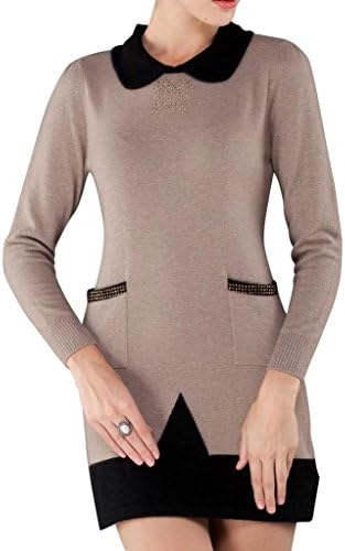 FOUQ Women's 2014 Stylish Mink Cashmere Knit Winter Dress Beaded Sweater Camel L