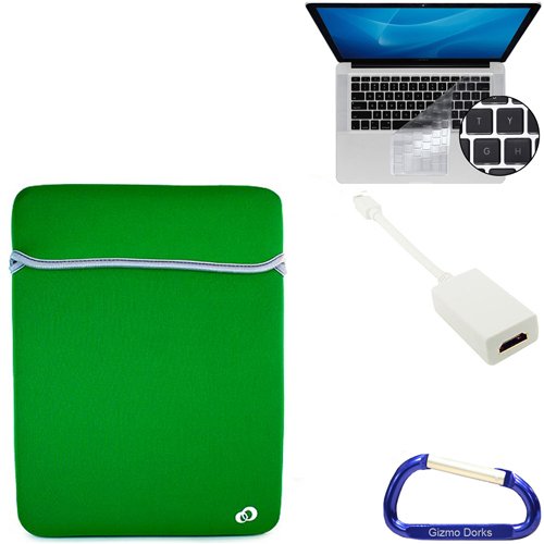 Bundle Set: Apple MacBook Pro / MacBook Air 13.3 Inch Black / Green Laptop Carrying Case Reversible Sleeve, Keyboard Silicone Skin Cover, Mini DisplayPort Male to HDMI Female Adapter, and a Free Carabiner Key Chain