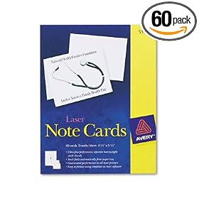 Click here to buy Avery 5315 White 4-1 4 x 5-1 2 laser note cards, 2 cards sheet, 60 cards and envelopes box by Avery.