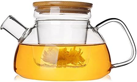Heat Resistant Borosilicate 28 oz Glass Teapot ，Herbal Teapot with Filter and Bamboo Lid （Taper）