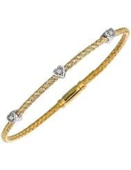 Sterling Silver Basketweave with Diamond Accents Heart Yellow Gold Overlay Bangle Bracelet 7 1/4" 0.03ct