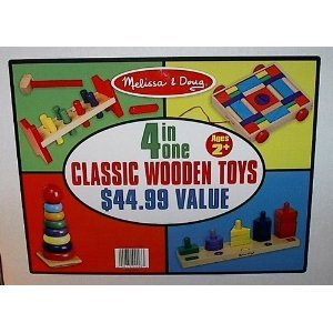 4 In One Melissa & Doug Classic Wooden Toys - Stack & Sort Board, Deluxe Wooden Pound-A-Peg, Rainbow Stacker & Unit Blocks on Wheels