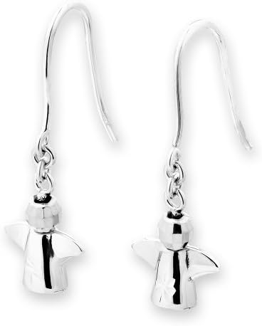 14K White Gold 3D Faceted Little Angel Dangling French Wire Earrings