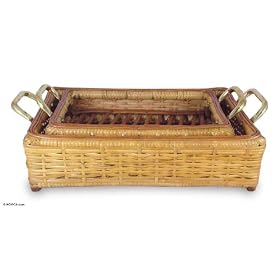 Cane and brass trays, 'Tropical Treat' (pair) by NOVICA