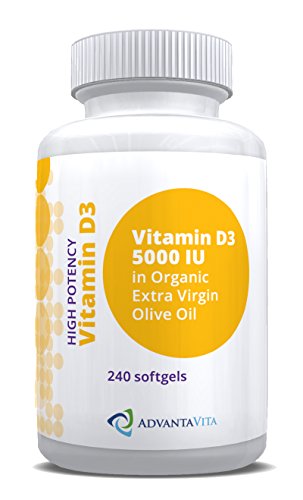 AdvantaVita Vitamin D3 5,000 IU in Natural Organic Extra Virgin Olive Oil, High Potency Formula for Men and Women, Made in USA, 240 softgels AdvantaVita Vitamin D3 5,000 IU in Natural Organic Extra Virgin Olive Oil, High Potency Formula for Men and Women, Made in USA, 240 softgels