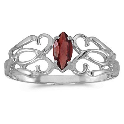 Marquise Garnet Filigree Ring Antique Style 14k White Gold