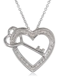 Sterling Silver "Mom" Diamond Heart and Key Pendant Necklace (0.02 cttw, I-J Color, I3 Clarity), 18"