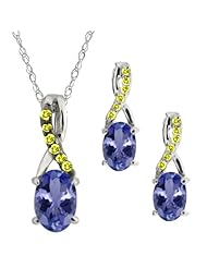 1.46 Ct Oval Blue Tanzanite Gemstone Sterling Silver Pendant Earrings Set