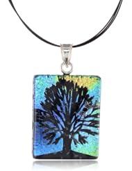 Sterling Silver Dichroic Glass Multi-Color Tree of Life Pattern Rectangular Pendant Necklace on Stainless Steel Wire, 18"