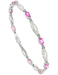 10k White Gold 7 in. Loop Link Eternity Bracelet w/ 5x3mm Oval Cut Pink Sapphire Stones & Brilliant Cut Diamonds, 5/32 in. (4mm) wide