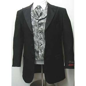New Mens Six Piece (6pc) Complete Black and Silver Tuxedo - Black Jacket, Black Pants, Silver Vest,...