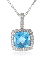 Sterling Silver Cushion Swiss Blue Topaz Diamond Pendant Necklace (1/6cttw, I-J Color, I2-I3 Clarity), 18"