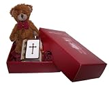 Very Special Christening Gift / Confirmation Gift - Dark Brown Christening Teddy with Metal Covered Miniature Bible Containing the 4 Gospels. Free Gift Card and Message Service.
