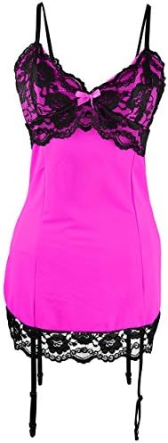 Dtanmiao Women¡¯s Lace Garter Belt Tight Lingerie with Thong(XL,Hot Pink)