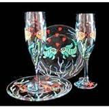 Flirty Fish Design - Hand Painted - Toasting Flutes - 6 oz. & 7 inch Cake Plates